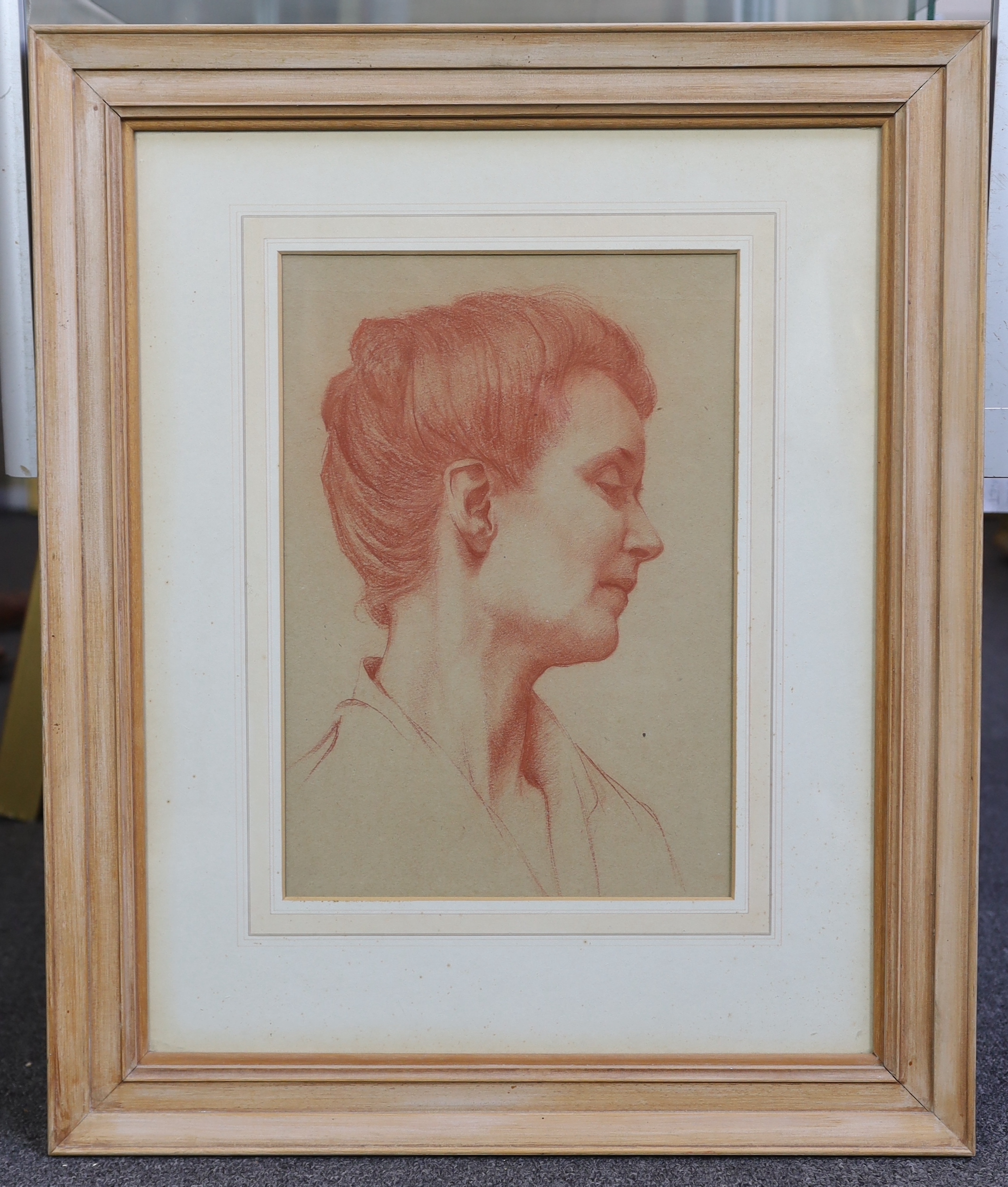 Follower of Sir Edward Coley Burne-Jones (English, 1833-1898), sanguine chalks, Portrait of a lady, 36 x 25cm